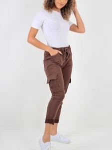 Ladies Italian Shirred Pockets Magic Stretched Comfy Elasticated Cargo Trousers - Picture 1 of 18