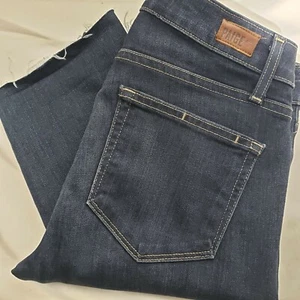Paige Size 27 Skyline Skinny Dark Wash Straight Leg Jeans Distressed Hem - Picture 1 of 10