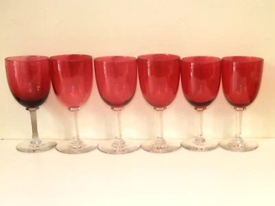 Antique Victorian Set of 6 Cranberry Glass Wine Glasses with clear glass stems - Image 1 of 4