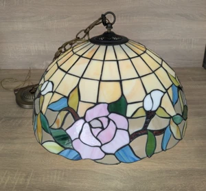 Tiffany Style Slag Glass Lamp Pink Roses White Irises Floral Chandelier Pendant - Picture 1 of 10