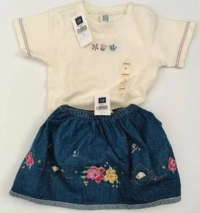 New Vintage Baby Gap Denim Skirt Outfit Embroidered Top Gap Snaps Med 6-12 Mth - Picture 1 of 12