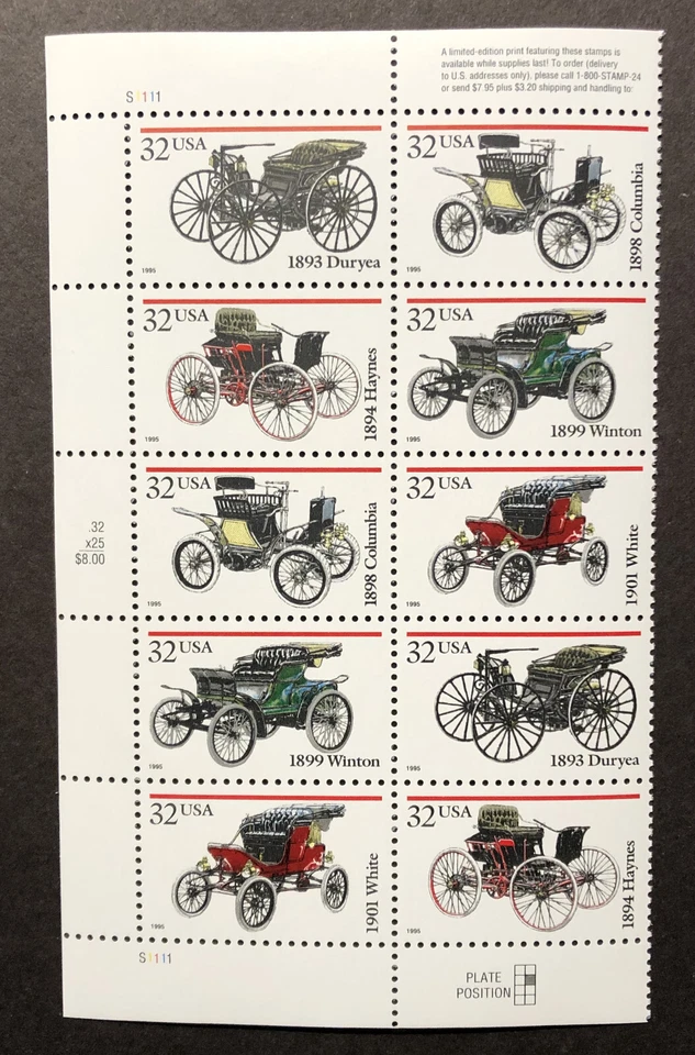 US 3019-3023 Antique Automobiles Left PB of 10 #S1111 NH - FREE SHIPPING! - Image 1 of 1