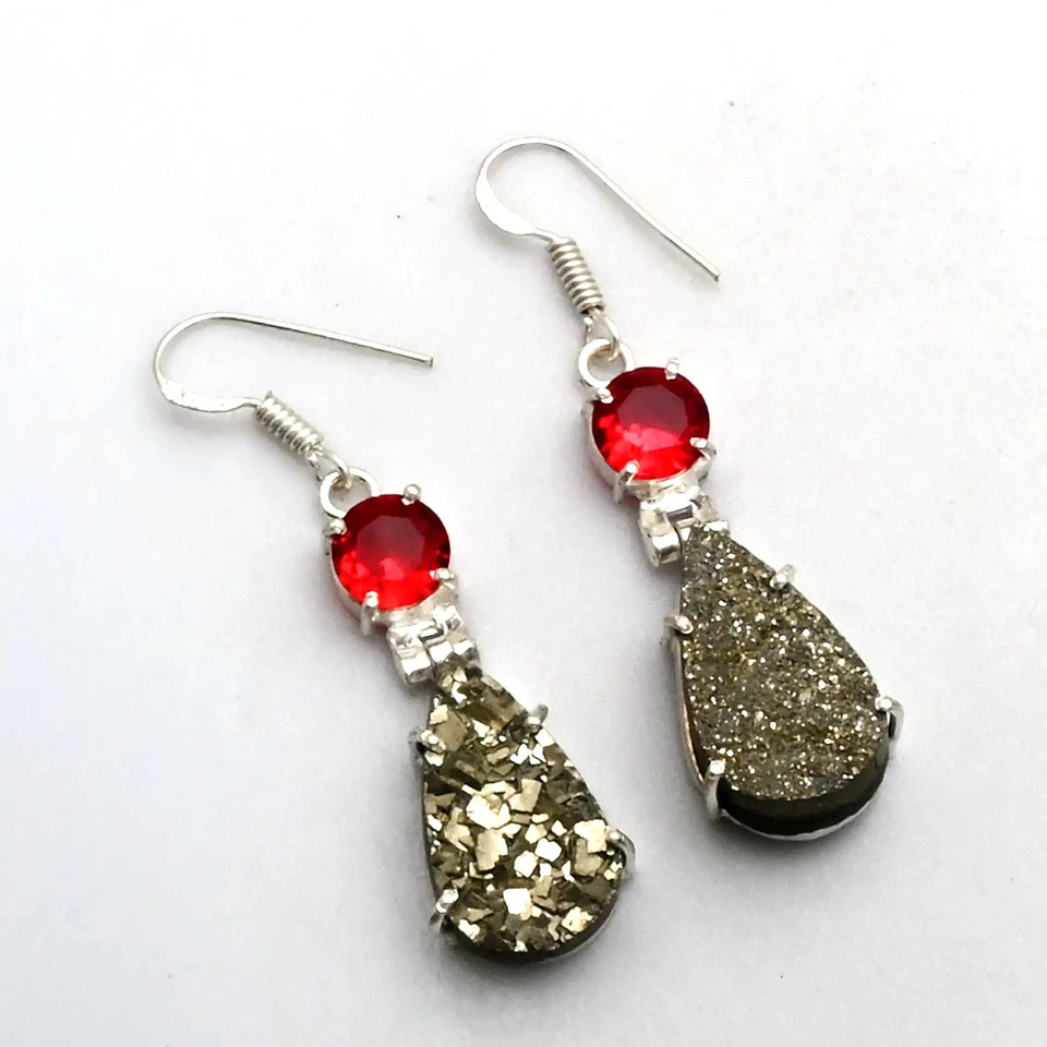 Brincos pendentes de gota de pedra preciosa granada drusa pirita pirita apache joia 1,6" AE-12640 - Imagem 1 de 1