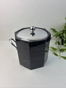 Ice Bucket Vintage 80s Elegance Kraftware Black Marble Silver Lid Handle USA - Picture 1 of 8