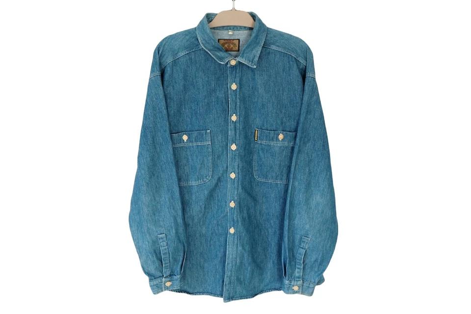 Camisa ARMANI Vintage Tamanho XL azul estilo jeans anos 90 streetwear abotoado - Imagem 1 de 4