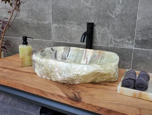 Fregadero de baño de piedra de ónix verde y gris, fregadero de piedra ovalado de 18 x 14 pulgadas - Imagen 1 de 23