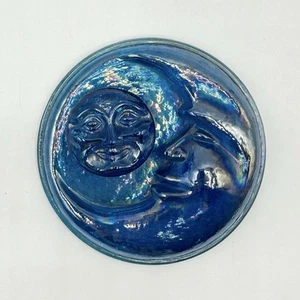 Vintage Rare Blue Carnival Glass Paperweight Man Moon Sun Face Anthropomorphic - Picture 1 of 14