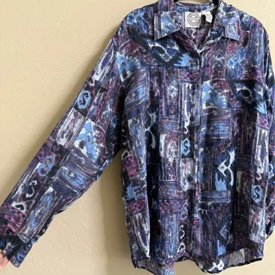 Blusa Vintage 100% Seda Erika & Company Unisex Talla M Con Botones Patrón Años 90 Foto 1 de 4