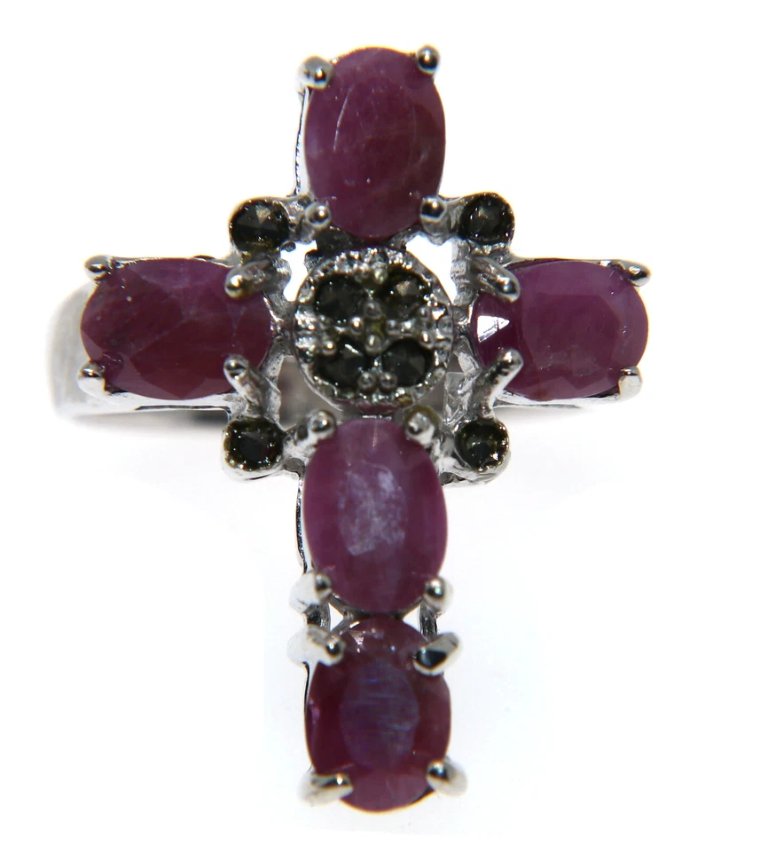 anello argento 925 radice di rubino marcasite croce misura 20 etnico vintage - Immagine 1 di 3