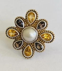 Designer CL Sterling Silver Mabe Pearl Smoky Quartz Citrine Cluster Ring Size 6 - Picture 1 of 21