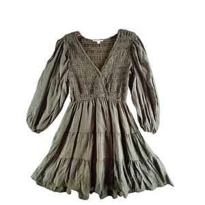 By the River Taupe Gray Balloon Sleeve Gathered Overlap Neckline A-line Dress M - Picture 1 of 10