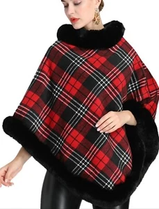 Women Faux Fur Shawl Poncho Fleece Lined Cape Red Plaid Check Wrap Cloak Warm - Picture 1 of 7