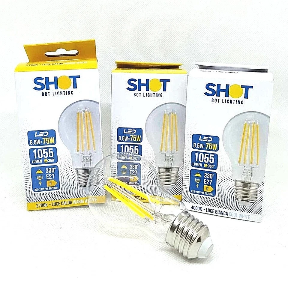 LAMPADINE LED SHOT BOT LIGHTING Goccia E27 8W Filamento Trasparente Calda Bianca