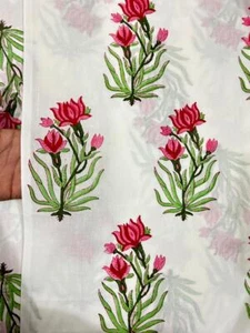 Indian 5 Yard Hand Block Pink Floral Print 100% Cotton Dressmaking Craft Fabric - Picture 1 of 11