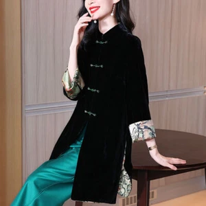 Giacca donna velluto midi giacca etnica Cheongsam cappotto rana bottoni cardigan tang tuta - Foto 1 di 8
