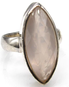 SILVER ROSE QUARTZ RING 925 STERLING SILVER MARQUISE SOLITAIRE CHECKERBOARD R - Picture 1 of 9