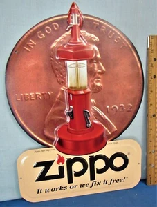 Zippo Lighter ~ Embossed Tin Sign ~ 1¢ Fluid Fill Up ~ Coin Operated Gas Pump - Picture 1 of 4