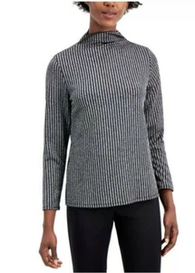 ALFANI Turtleneck Top Silver Black Stripe Gunmetal Metallic NWT $70 MED - Picture 1 of 2
