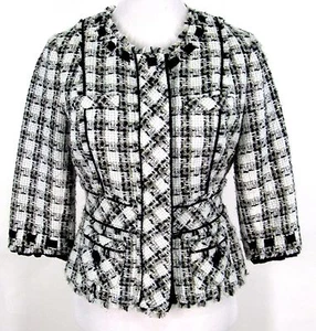 Elevenses Anthropologie Jacket Sz 4 Black White Check Boucle Tweed Fringe Blazer - Picture 1 of 10