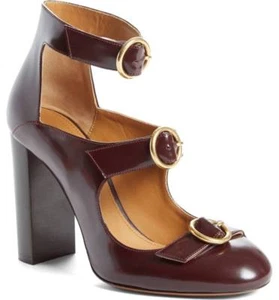 NIB CHLOE Triple Buckle Block Heel 100 Pump Shoe Deep Purple Leather EUR 38 - Picture 1 of 10