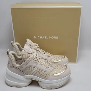 Michael Kors Olympia Entrenador Jacquard Logo Metálico Crema Dorado Para Mujer 10M Nuevo en Caja - Imagen 1 de 13