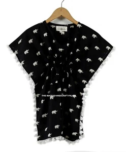 Girls Black Cotton Kaftan Kids Beach Wear Indian Hand Block Elephant Print Dress - Picture 1 of 4