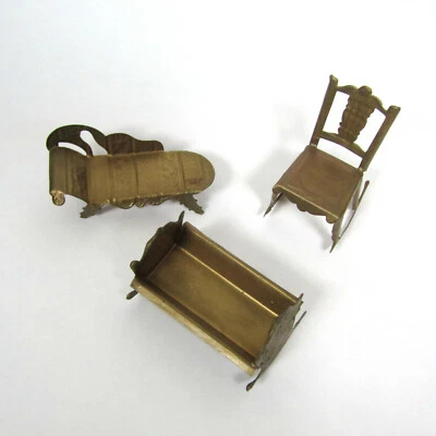 Antique Dollhouse Metal Furniture Gold Tin? Vtg Cradle Lounge Sofa Chair Rocking - Image 1 of 4