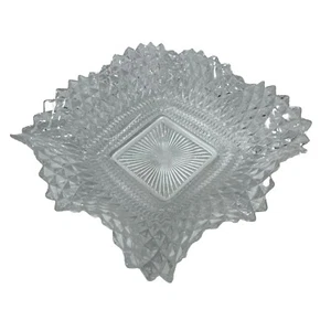 VTG Indiana Glass Co Clear Diamond Cut Design Square Dish w/ ruffled Edges - Picture 1 of 7