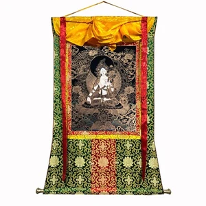 Brocado de Seda Bendita Blanco Tara Thangka sobre Lienzo de Algodón, Arte Tibetano de Nepal - Imagen 1 de 9