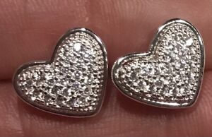 14k White Gold Plated Brass Pave crystal HEART Stud earrings NEW