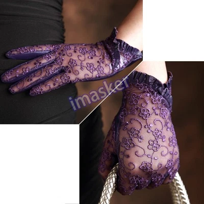 Women's Ladies Real Leather&Lace Touchscreen Unlined Fashion Sexy Short Gloves - Image 1 of 4