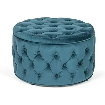 Large Upholstered Tufted Button Velvet Round Ottoman Storage Table Teal Blue 28" - Image 1 of 4