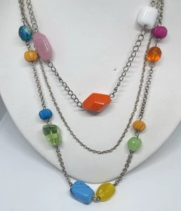 Boho MultiColor Art Glass Bead Faux Stone Dangle Multi Chain Necklace 18” Long - Picture 1 of 17