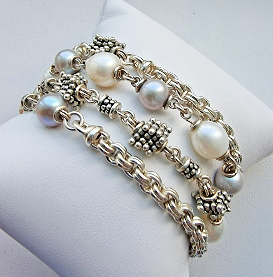 MICHAEL DAWKINS 925 STERLING SILVER WHITE AND GRAY PEARL 4 CHAIN BRACELET 72.9 g - Image 1 of 4