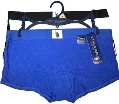 US POLO ASSN Women’s 3-Pack Seamless Logo BoyShort Blue White Black Ribbed Sz M - Image 1 of 4