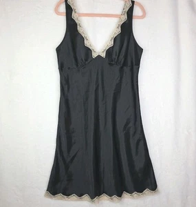 Victoria's Secret Large Black Satin Babydoll Nightgown Chemise Lace Trim - Picture 1 of 6