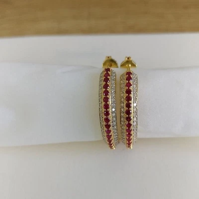 2Ct Round Lab-Created Ruby Diamond Huggie Hoop Earrings 14K Yellow Gold Plated - Image 1 of 4