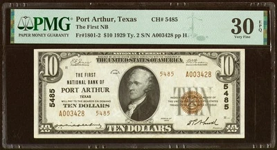 $10 1929 the First National Bank of  Port Arthur ,Tx Ch. # 5485 PMG 30 EPQ - Image 1 of 3