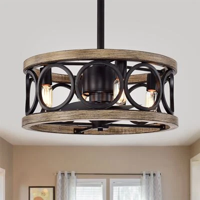 Catrin Wood Grain Ceiling Fan 21-Inch 4-Light Open Metal Drum Shade Incl Remote - Image 1 of 4