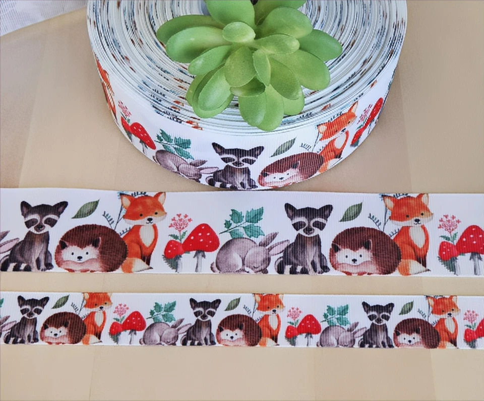 Cinta de grosgrain de animales de bosque de 7/8 y 1,5" (1 YD) Fox Bunny setas erizo Foto 1 de 1