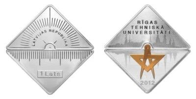 Latvia 2012 silver coin 1 lats  RIGA TECHNICAL UNIVERSITY box coa - Image 1 of 2