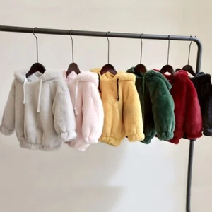 Winter Girls Kids Boys Faux Fur Velvet Hoodie Short Top Children Hooded Pullover - Picture 1 of 22