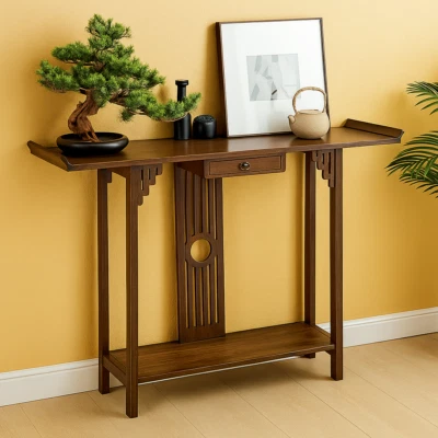 Bamboo Slim Console Table With Shelf And Drawer - Image 1 of 4