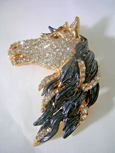 HORSE PIN WITH BLACK ENAMEL AND CUBIC ZIRCONIA STONES SET IN STAINLESS STEEL - Picture 1 of 6