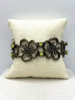 Lucky Brand Bronze Cutout Flower Lime Green And Brown Bead Link Bracelet - Image 1 of 4