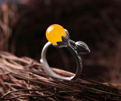 T08 Anello Fiori di Loto Knospe Gialli Calcedonio 990 Argento Fine Regolabile - Immagine 1 di 3
