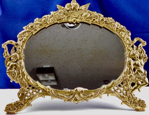 Antique Art Nouveau Brass Mirror Frame Angels, Putti & Floral Vanity Cover