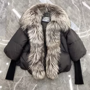 Womens Real Fox Fur Collar Short Down Jacket Coat Winter Overcoat Knitted Sleeve - Picture 1 of 29