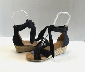 Ugg Traci Espadrille Womens Black Canvas Ankle Bow Wedge Sandals Zip Cork Size 7 - Picture 1 of 16