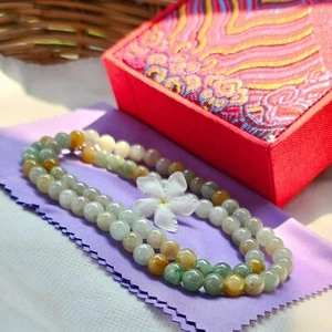 Necklace Burmese Jade Light Green Yellow Round Bead Real Jade Natural 7 mm 20 in - Picture 1 of 10